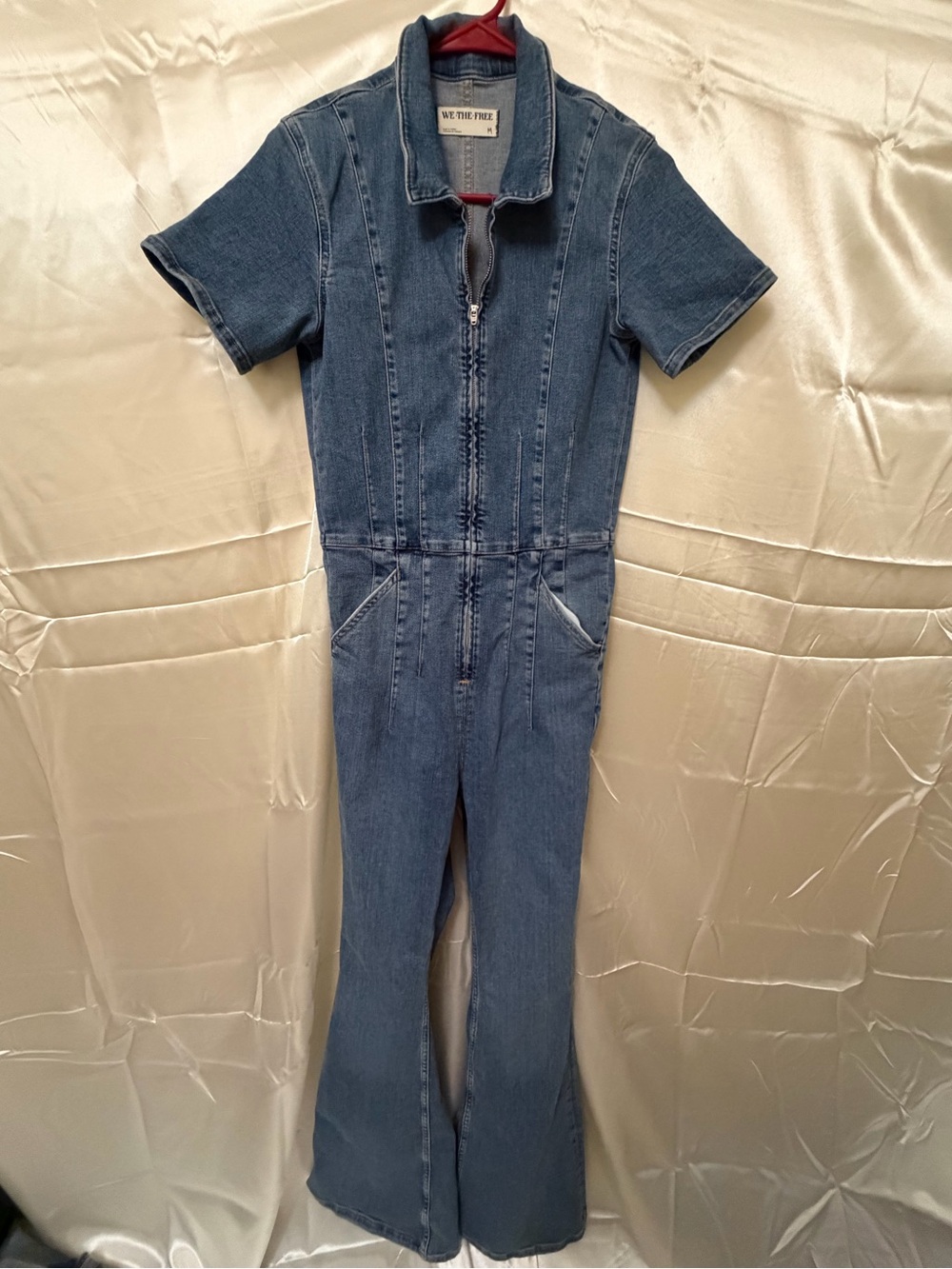 Free People We The Free Denim Flare Jumpsuit M Blue Zip Front Short Sleeve